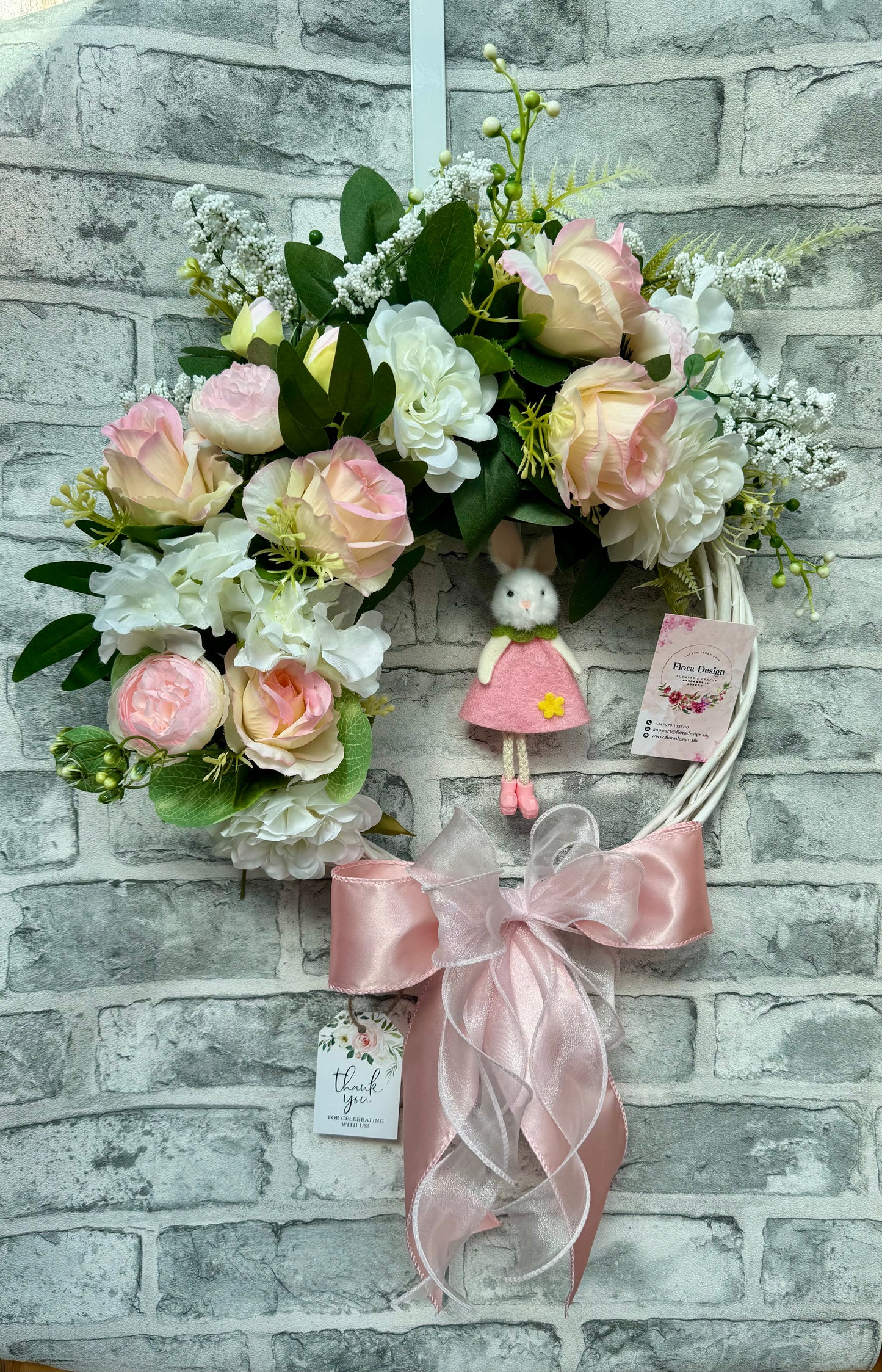 White and pink bunny wreath